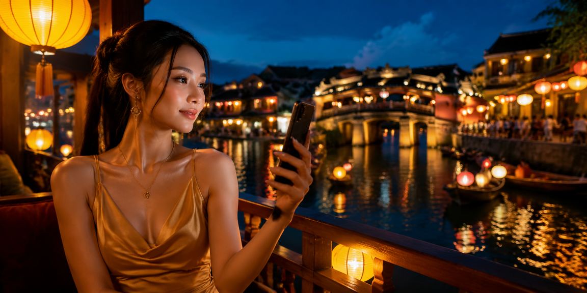 Người dùng xem kết quả xổ số trên điện thoại tại chợ đêm Hội An