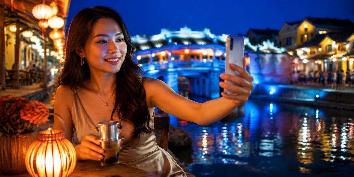 Buổi sáng tại Hội An – người dùng xem xổ số và tra kết quả trên điện thoại bên ly cà phê
