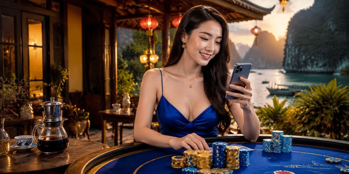 Người dùng kiểm tra khuyến mãi cashback trên điện thoại tại quán cà phê phong cách Việt Nam